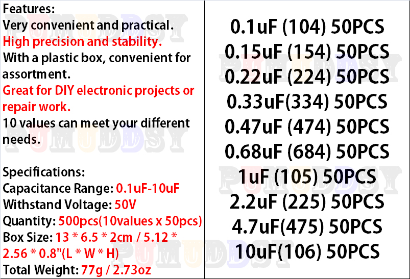 500pcs/lot 10values*50pcs 0.1u - огляд і ціна Capacitor Kit Assortment