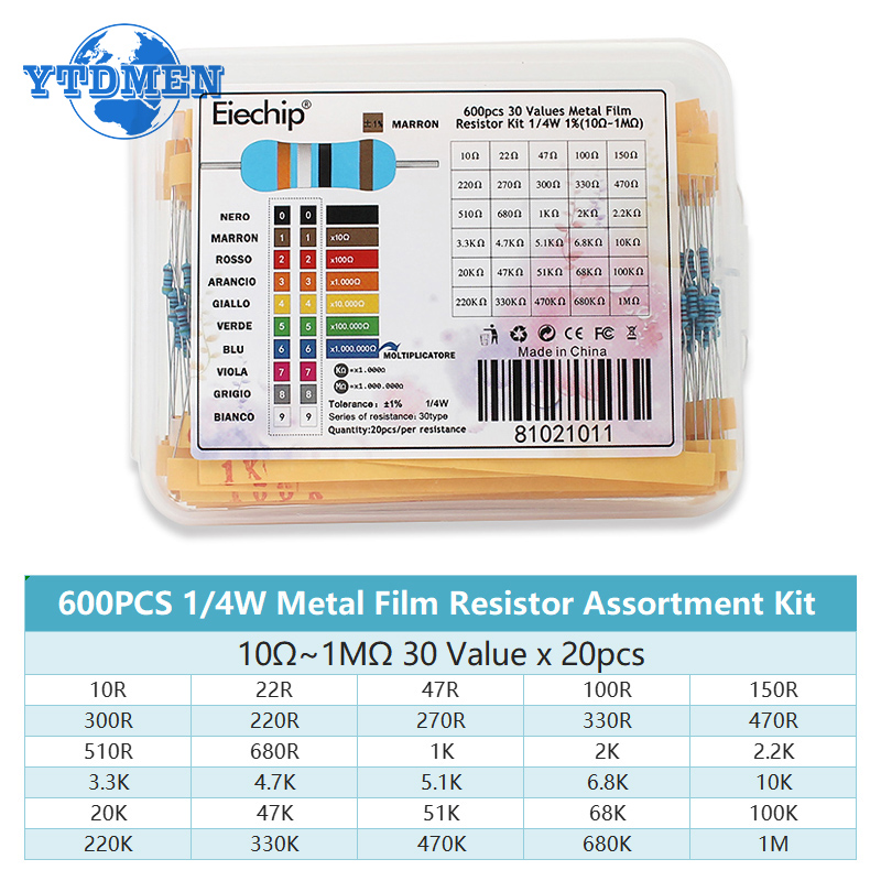 300-600PCS 1/4W Metal Film Res - огляд і ціна Resistor Kit 1 4W